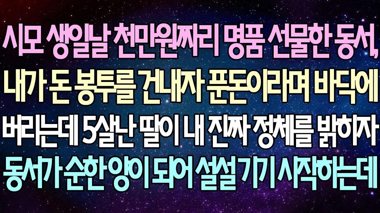 (반전 사연) 시모 생일날 천만원짜리 명품 선물한 동서,내가 돈 봉투를 건내자 푼돈이라며 버리는데 5살 딸이 내 진짜 정체를 밝히자 순한 양이 되어 설설 기기 시작하는데사이다사연