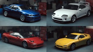 Building 4 Iconic JDM Model Cars in 1 Video  Toyota Supra, Nissan R34 GTR, Mazda RX7 & Honda NSX