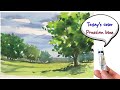 【初心者のための透明水彩76】プルシャンブルーの混色で新緑の風景を描く/緑色/水彩画