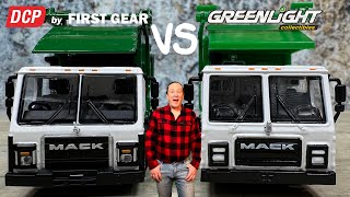 DCP vs Greenlight Collectibles   Waste Management Mack LR Front Load Garbage Truck Showdown