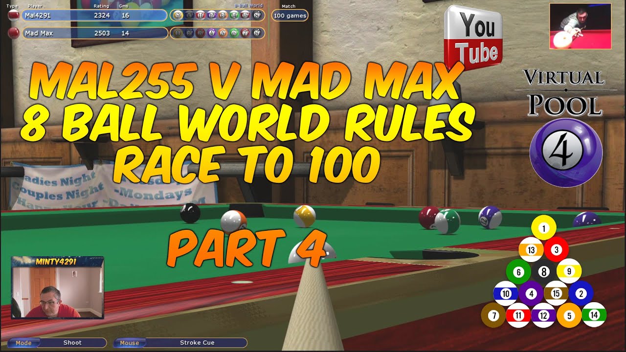 Part 4 | Virtual Pool 4 | USA 8-Ball World Rules | Race to 100 | Mal255 vs Mad Max (CO)