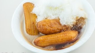 Saging con Hielo  Sweetened Plantain banana in caramel with shaved ice