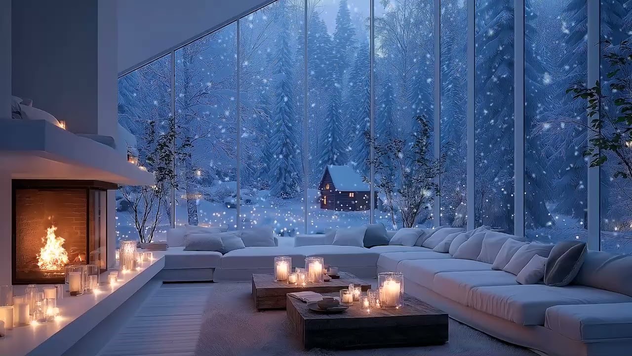 This White Piano Lounge Will Instantly Calm You | Snowy Window & Fireplace Glow for Sleep