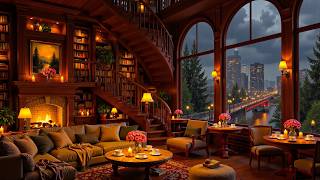 Cozy Duplex Library & Heavy Rain Outside 📚 Smooth Jazz Piano with Fireplace Sounds for Deep Work screenshot 3