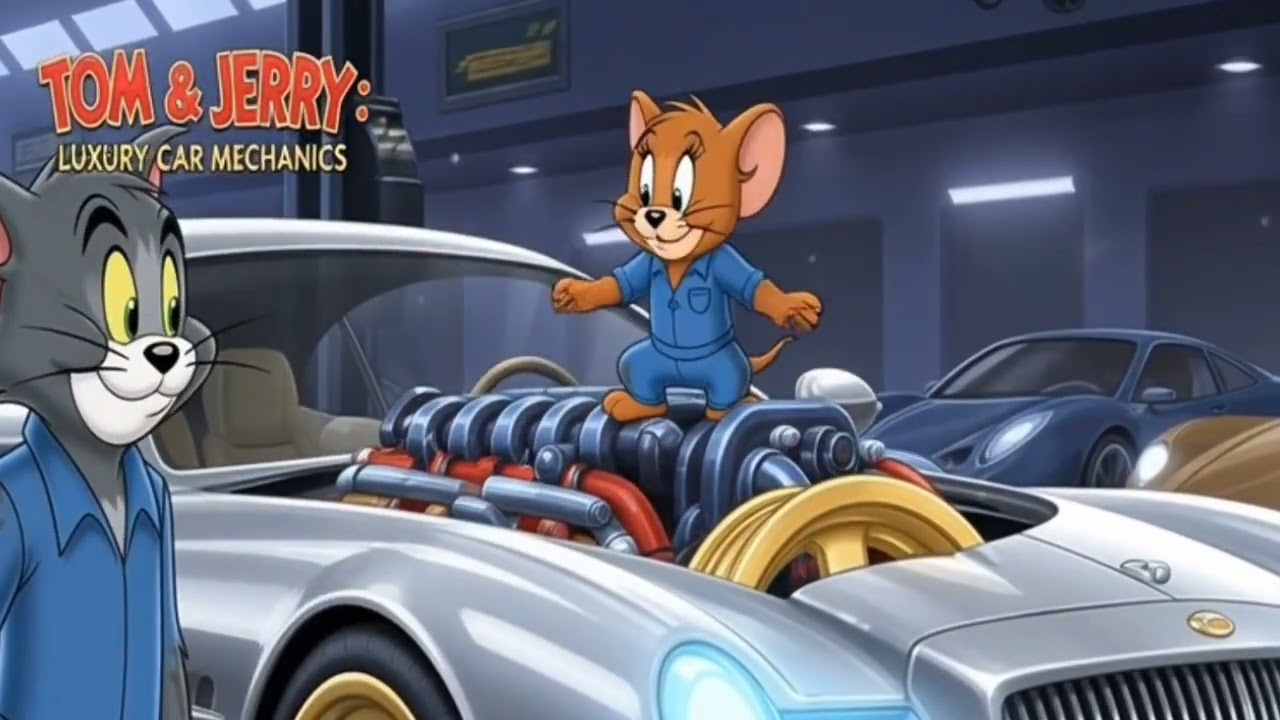 Tom and JerryCar Mechanic Luxury Car Modification Poem Cartoon Characters Garage Scene Shiny Wheels