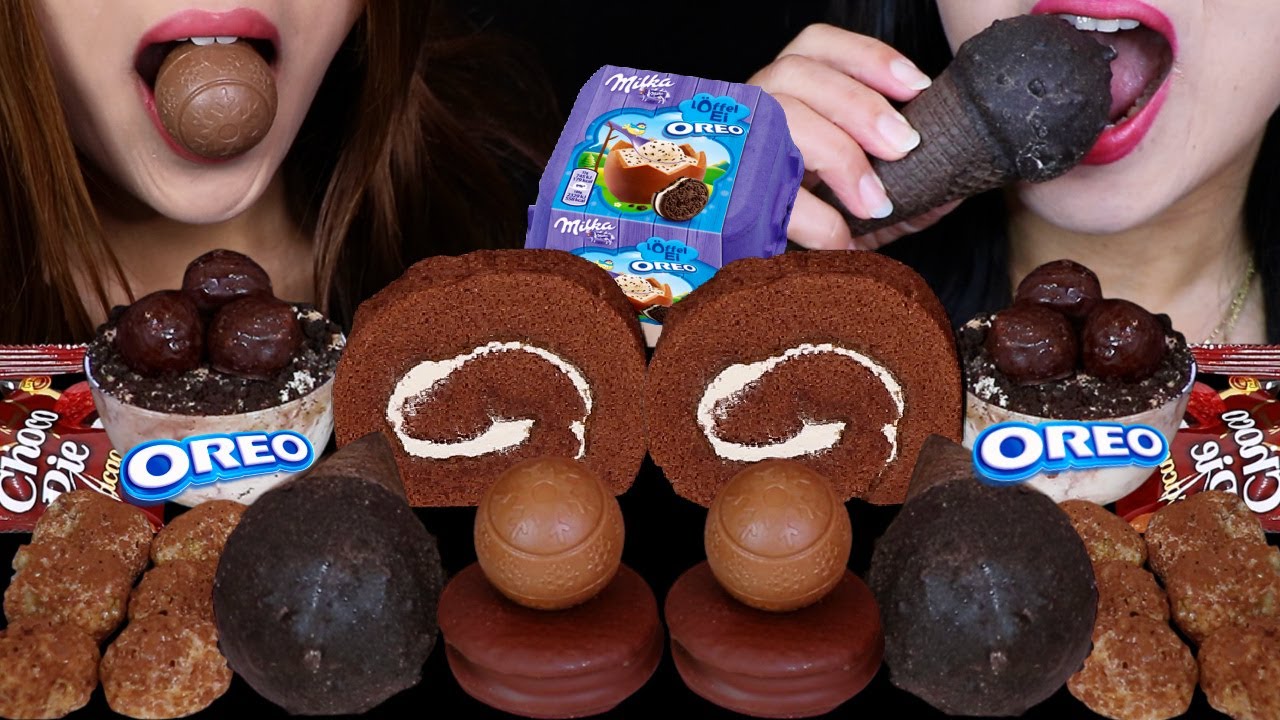 ASMR MILKA OREO CHOCOLATE SNOWBALLS, OREO ICE CREAM CONE, CHOCOLATE ROLL CAKES, MILK DUDS, MOUSSE 먹방