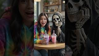 Cinematic4K vlog-style close-up of a person in a rainbow tie-dye hoodie and a realistic Grim Reaper