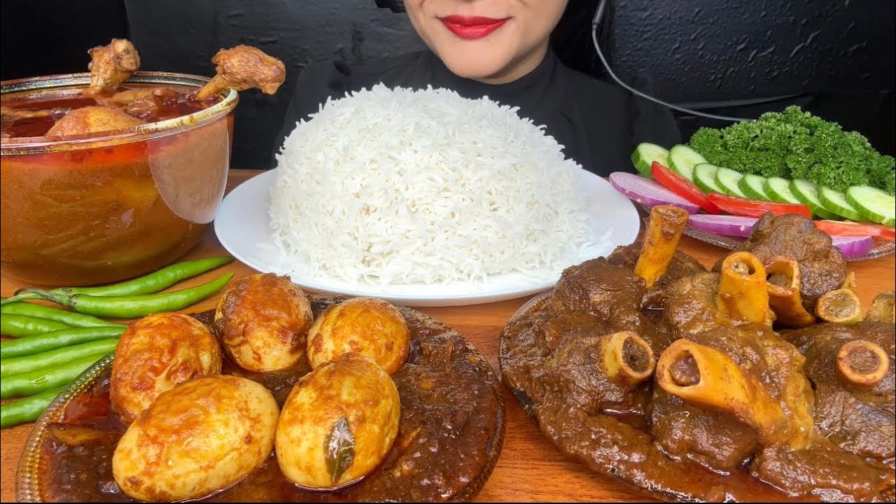 ASMR EATING SPICY* MUTTON CURRY,LAL LAL MURGHIR JHOL,EGG CURRY *FOOD VIDEOS*