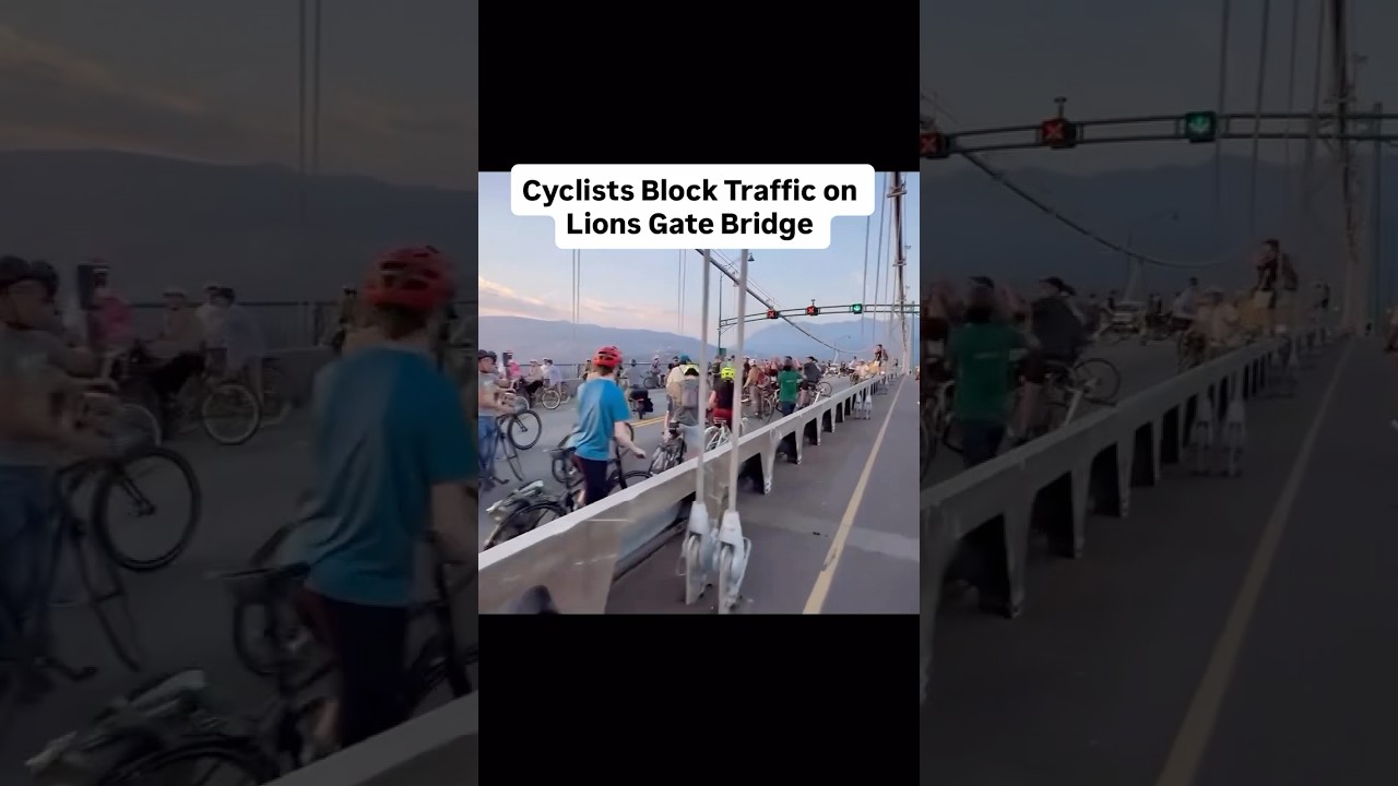 Cyclists blocked the Lions Gate Bridge during a Critical Mass ride. 
