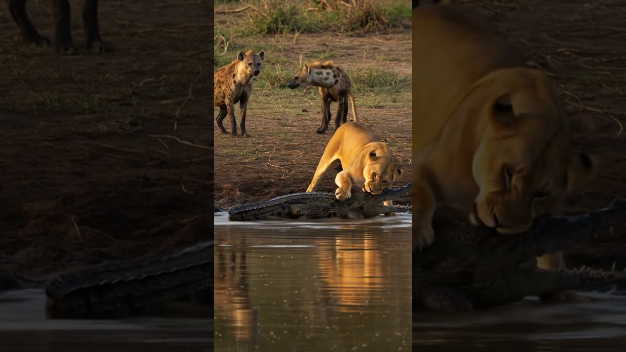 big lion bite on crocodile in the river #animals #lion #animals #crocodile