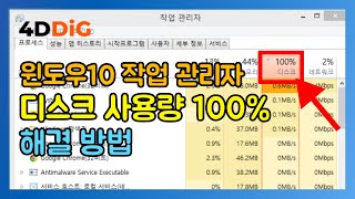 윈도우 10 작업 관리자 디스크 사용량이 100%가 될 때의 해결 방법