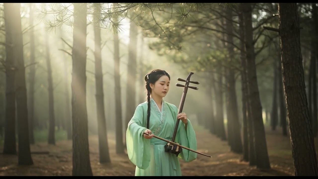 “Harmony in Nature: Hanfu Girl Performing Erhu”