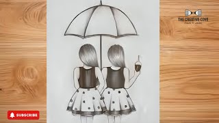 How To Draw Two Girls Best Friends With Umbrella Bff Drawing Easy Girl Drawing For Beginner