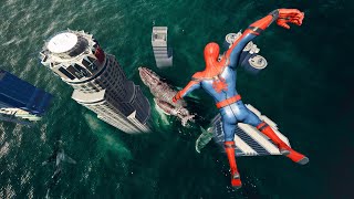 GTA 5 Spiderman Jumps Into Tsunami CRAZY Falls سبايدرمان يقفز الى تسونامي قراند 5