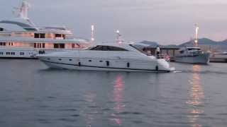 Princess V65 Pura Vida leaving Cannes and passing Jim Ratcliffe's superyacht Hampshire II