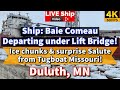 ⚓️Ship Baie Comeau (739’) departing icy Duluth, MN & Surprise appearance by Tugboat Missouri!