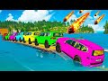 Triple Flatbed Trailer McQueen Transportation with Truck - Speedbumps vs Cars vs Train - BeamNG #85