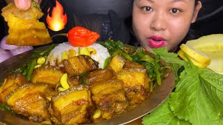 MOUTHWATERING SPICY JUICY GARLICKY MUSTARD LEAVES FATTY PORK BELLY MUKBANG | BIG BITES | ASMR