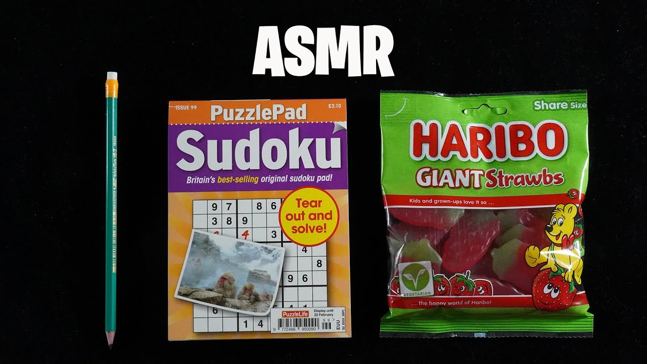 ASMR: HARIBO GUMMY SWEETS & SUDOKU PUZZLE SOLVING - CANDY EATING SOUNDS - SOFT WHISPERS - MUKBANG