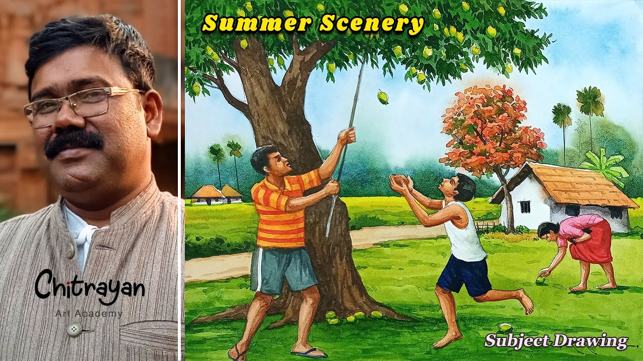 Summer Scenery Drawing | Summer Season Drawing Watercolor | Beautiful Summer Drawing Step By Step