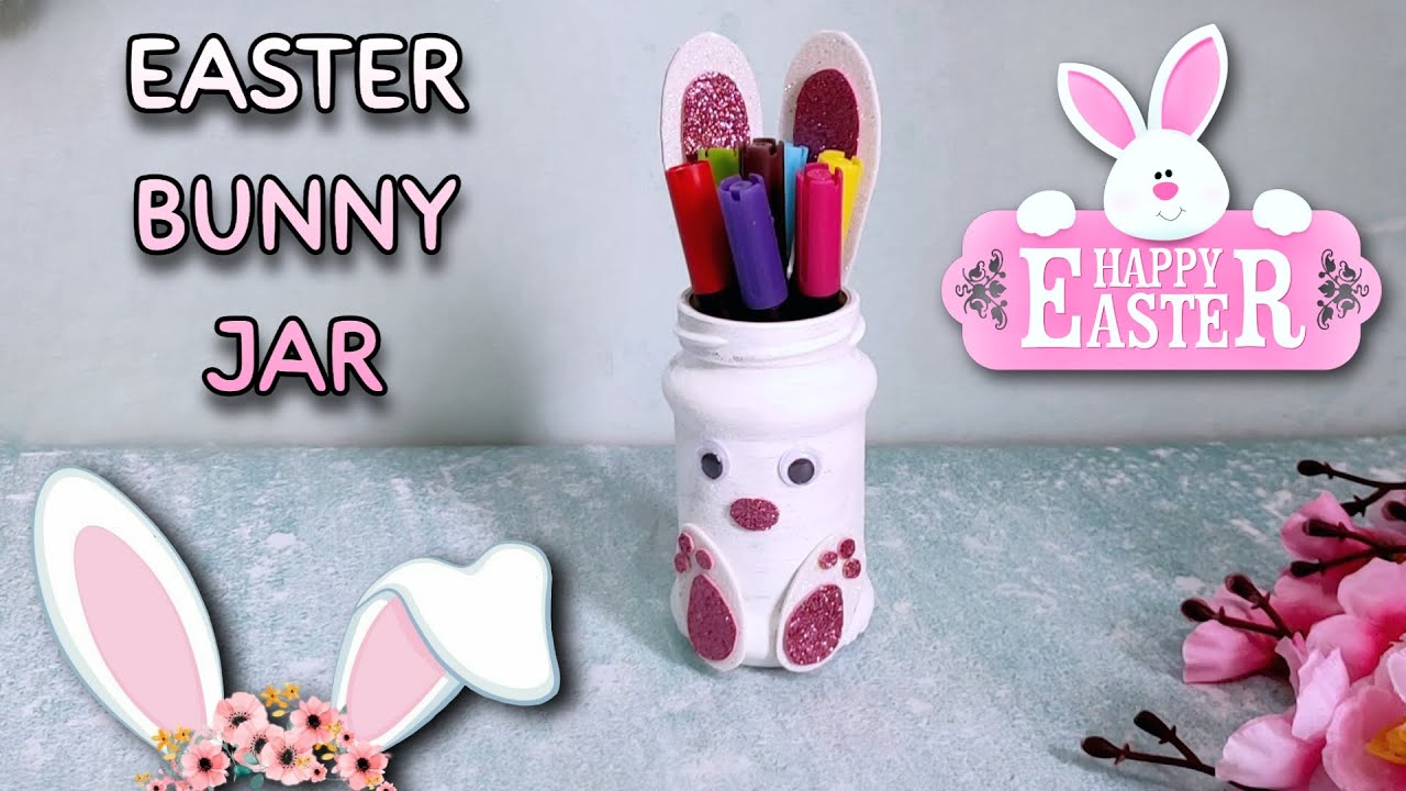 DIY Easter bunny mason jar Easy craft idea to recycle empty glass