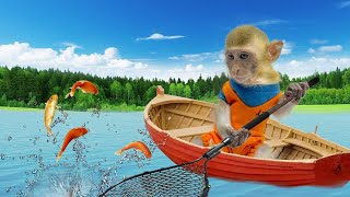 Monkey Baby Bi Bon little Catching A Giant Electric Eel Huge Fish puppy and duckling Animal Islands