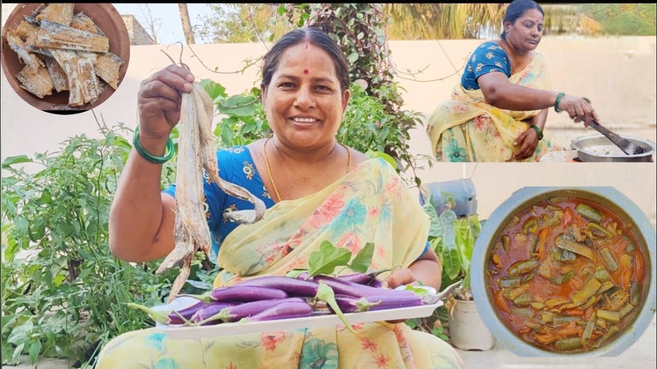 వంకాయ ఎండు చేప కర్రీ | Vankaya Yendu Chepa Pulusu Recipe | village cooking and gardening  