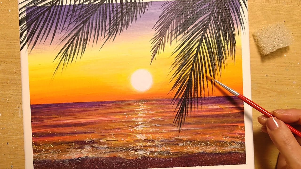 How To Draw Sunset Tropical Sea With Acrylic Paint Painting For Beginners Step By Step Youtube