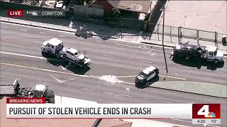 Stolen car chase ends with crash in Compton