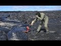 Pov of geologists collecting lava