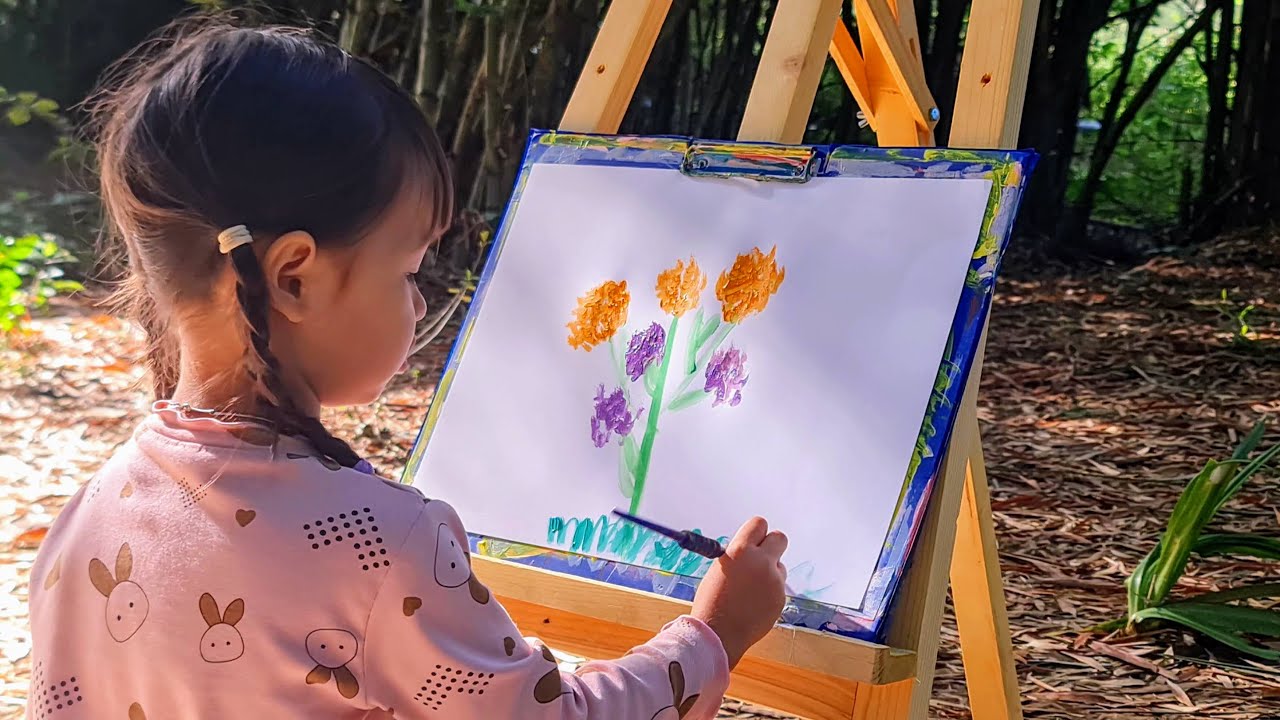 4-year-old kid artist painting in a bamboo garden in Vietnam | Acrylic painting | Mia Mai Art