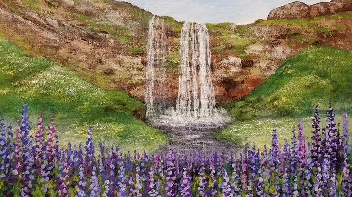 Waterfall Landscape with Lupine Wildflowers Acryli...