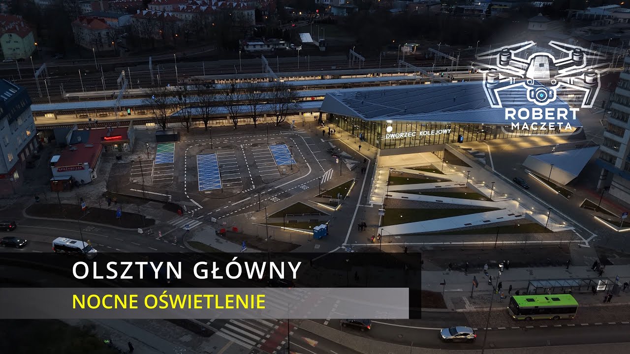 Dworzec Olsztyn Główny - nocne oświetlenie | Stacja kolejowa | 6.02.2025 | Widok z drona 4K