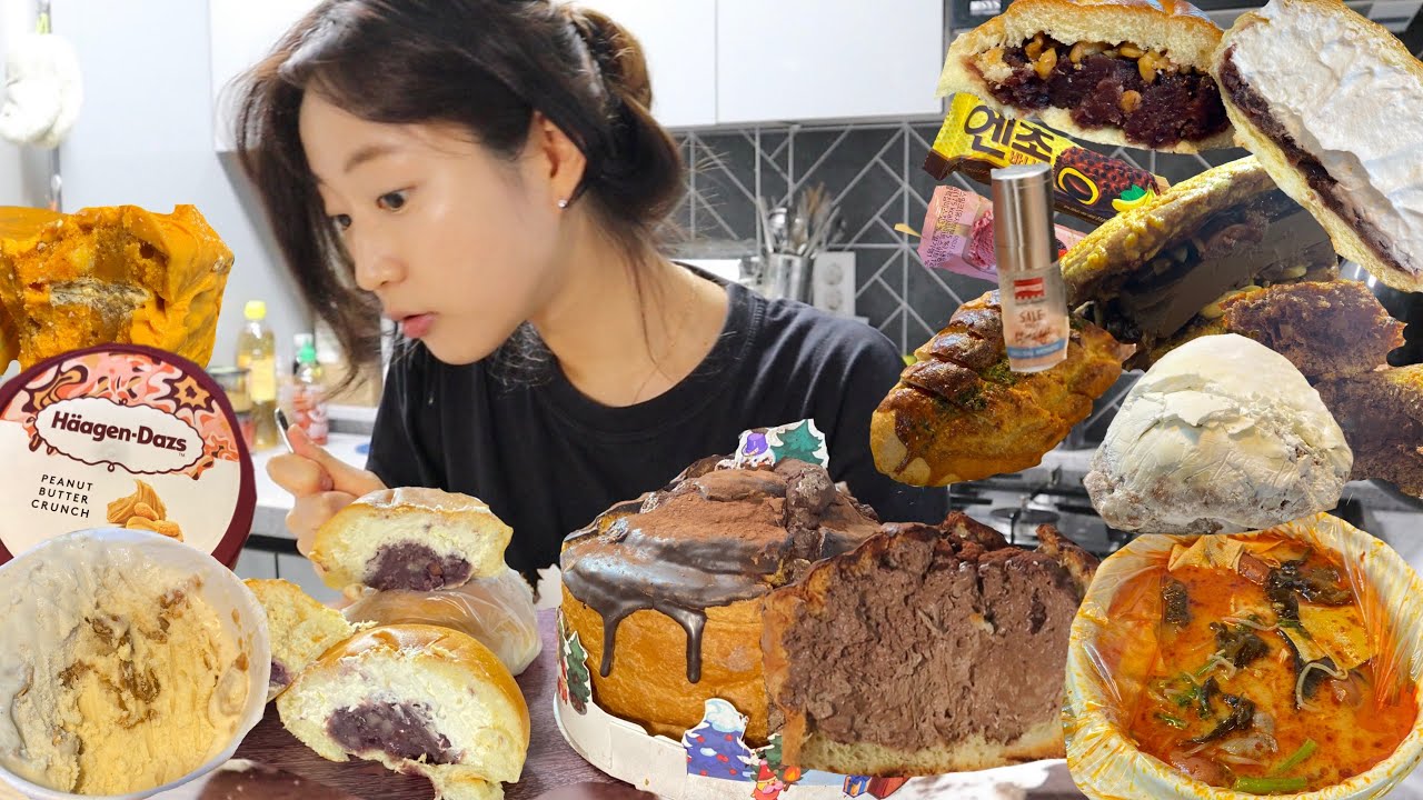 [먹방 브이로그] 겨울엔 디저트..☃️❣️ [빵굼터 호두팥빵,생크림팥빵,마늘바게뜨/뚜레쥬르 초코몽블랑캐슬/히말라야 핑크소금/하겐다즈/팥고당 크림빵들/슈톨렌/마라탕/아이스크림]