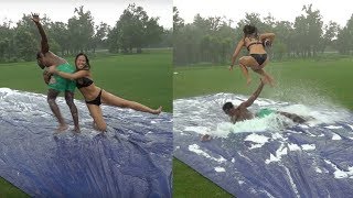 SLIP N SLIDE TACKLE FOOTBALL vs MY GIRLFRIEND (SHE SAQUON BARKLEY HURDLED ME)