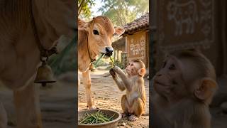 Monkey Feeds a Baby Cow 🐒🐄❤️ | Heartwarming Animal Friendship #shorts #viral