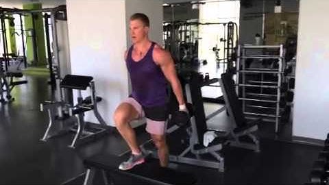 Bench single leg step up with double bicep curl