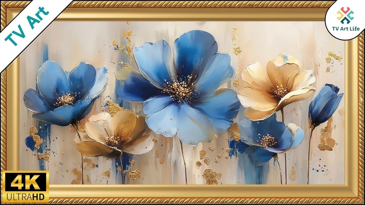 Luxury Blue & Gold Flowers | Frame TV Art Screensaver 4 Hours | Home Decor