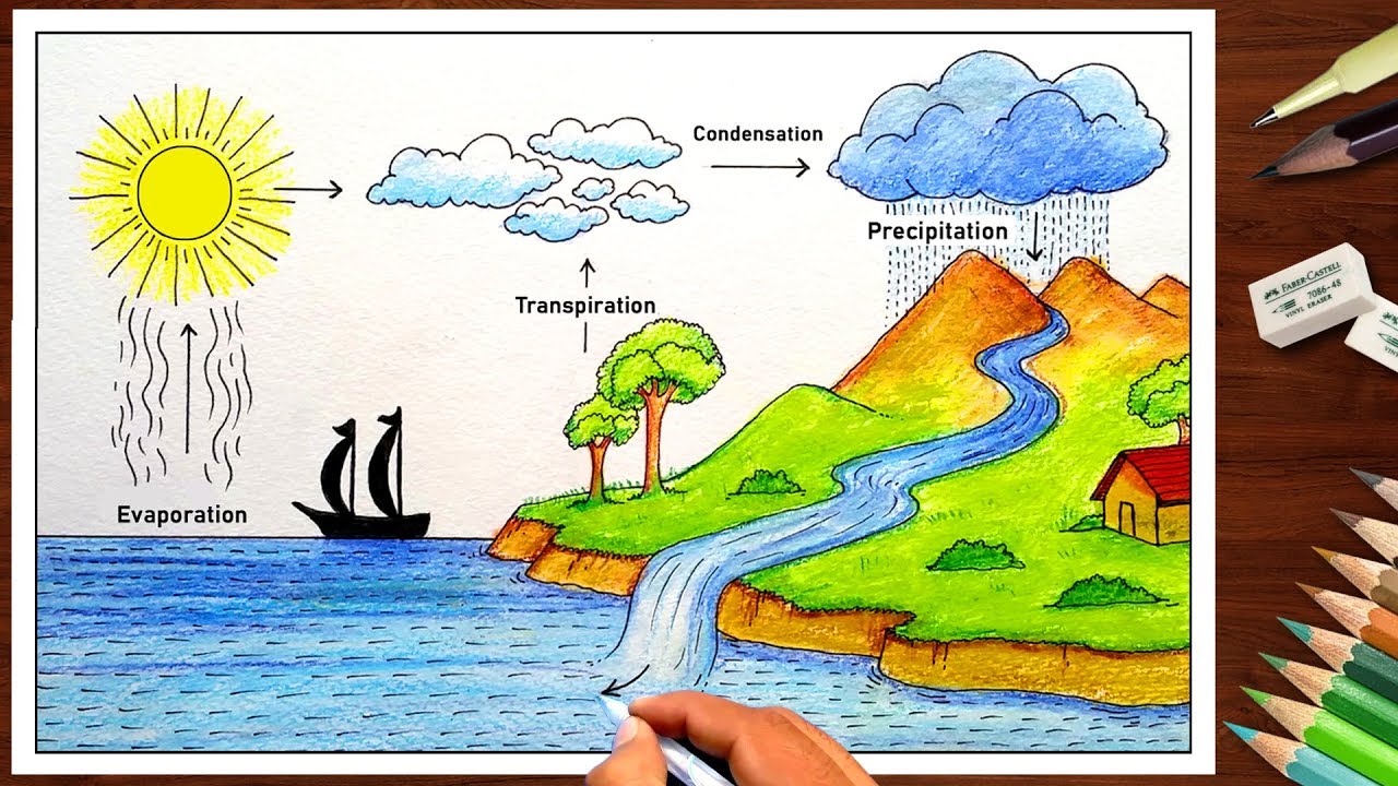 ⁣How to draw Water Cycle drawing for beginners ( very easy ) step by step diagram