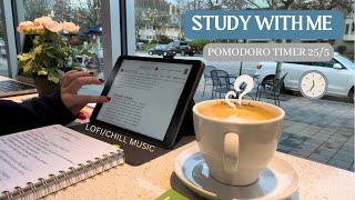 STUDY WITH ME at a cafe ☕🥐| Lofi/Chill Music | 1-Hour REAL TIME POMODORO 25/5