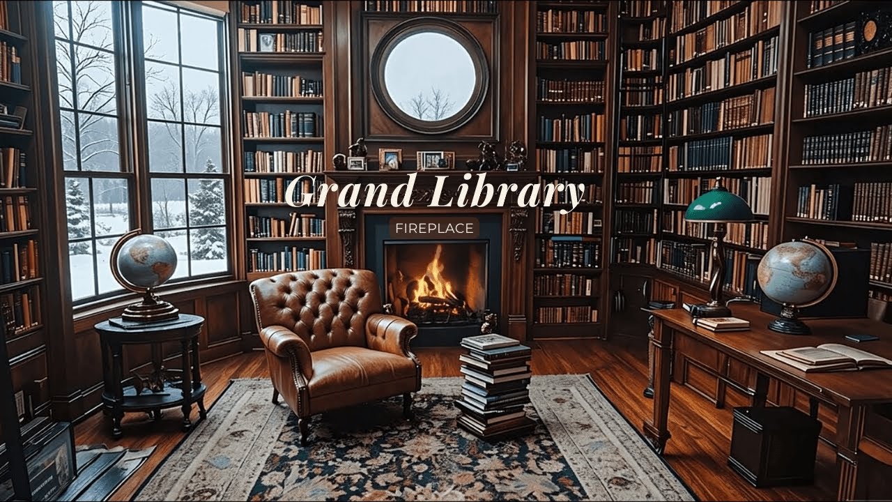 The Grand Winter Library | Fireplace Sounds & Quiet Study Ambience