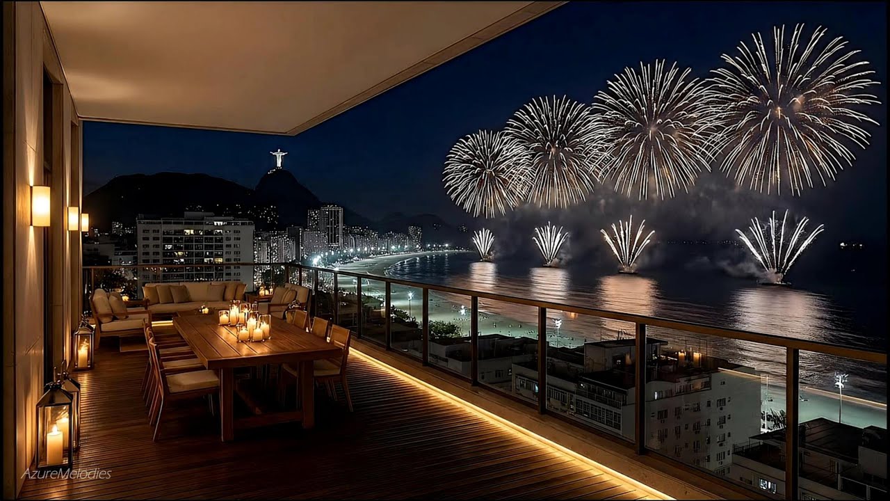 New Year Reflections in Rio — Oceanfront Night View | Soft Bossa Nova & Guitar, Calm After Midnight
