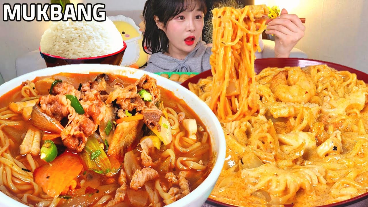 ASMR Острый джамппон с говядиной + Кремовый джамппон 🍜 Ешьте оба!