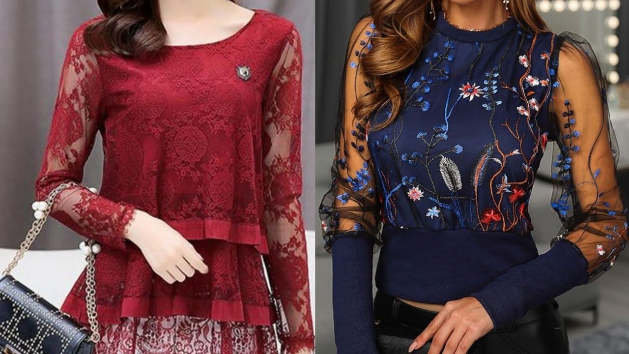 embroidered floral sheer lace mash blouse shirts top/women full lace