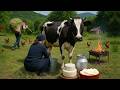 صناعة الزبدة والجبن التقليدية في أذربيجان امرأة تحلب بقرة طبيعيا 