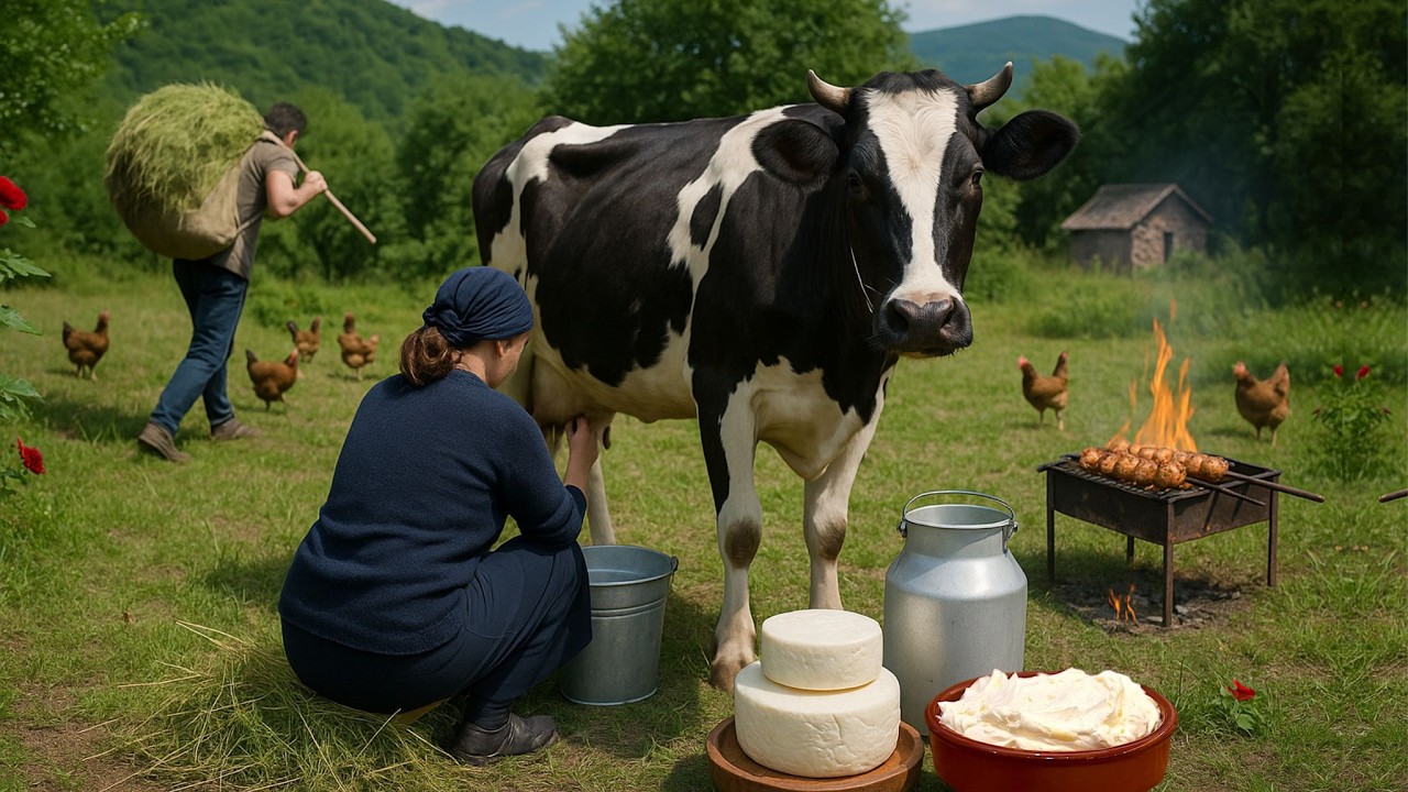 Азербайджанское традиционное масло и сыроделие в деревне | Женщина доит корову натуральным способом