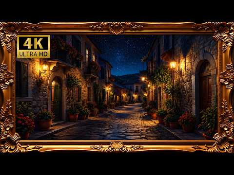 Village Night Street Painting in 4K ✨ | Luxury Gold Frame TV Art | 2 Hour Relaxing Screensaver