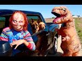 T-Rex Surprises Chucky & Dogs with Car Ride Chase!
