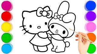 Hello Kitty and his friend Bunny Drawing, Painting, Coloring for Kids and Toddlers
