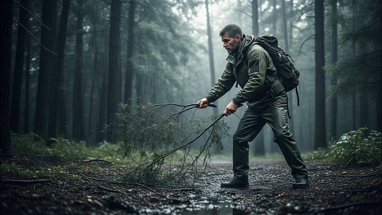 Alone in the Storm: Man Secretly Builds a Hidden Shelter in the Rainy Forest 🌧️🌲